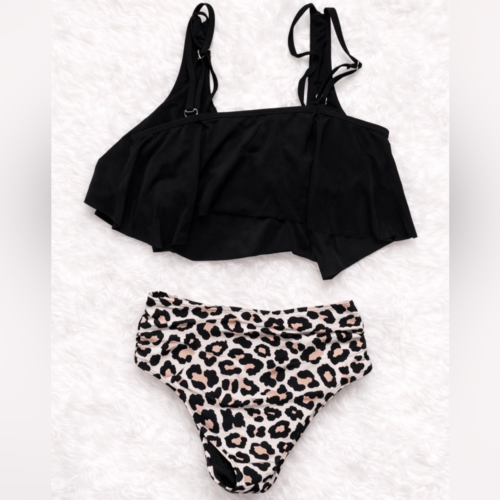SHEIN Leopard High Waisted Bikini Set Small | Flounce Ruffle Swim Top Animal - Picture 2 of 3